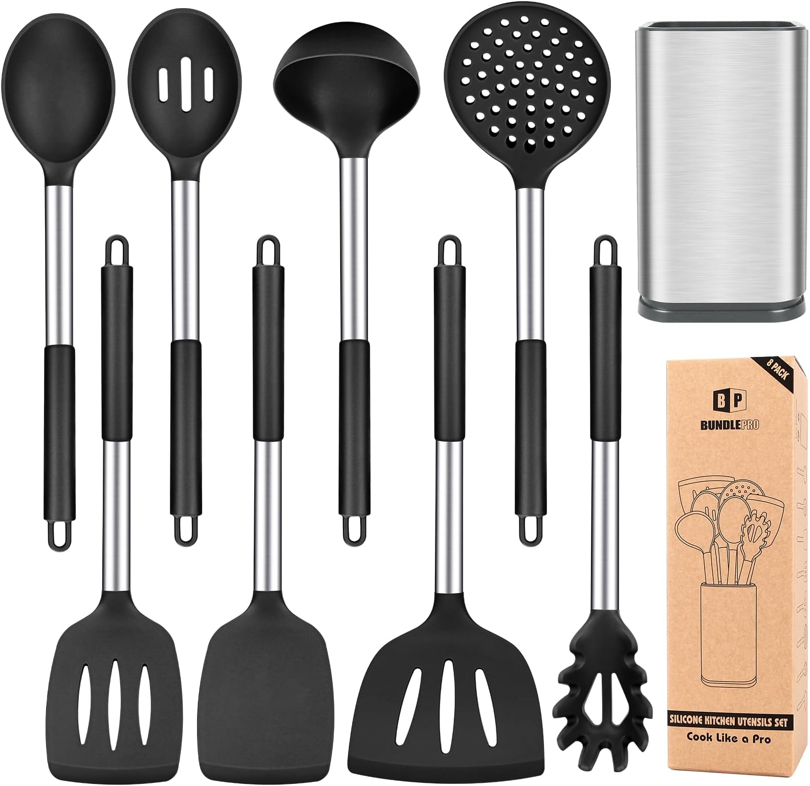 Silicone Cooking Utensil Set, 8Pcs Non-stick Cookware with Stainless Steel Ha...