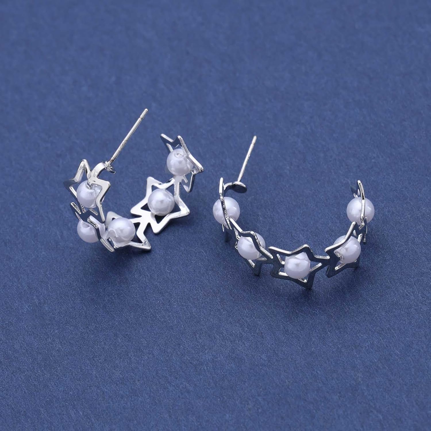 Bohemian Star Pearl Stud Earrings Gold Hollow Star Earrings Round Pearl Earrings Minimalist Star Circle Hoop Earrings Jewelry for Women - Image 3