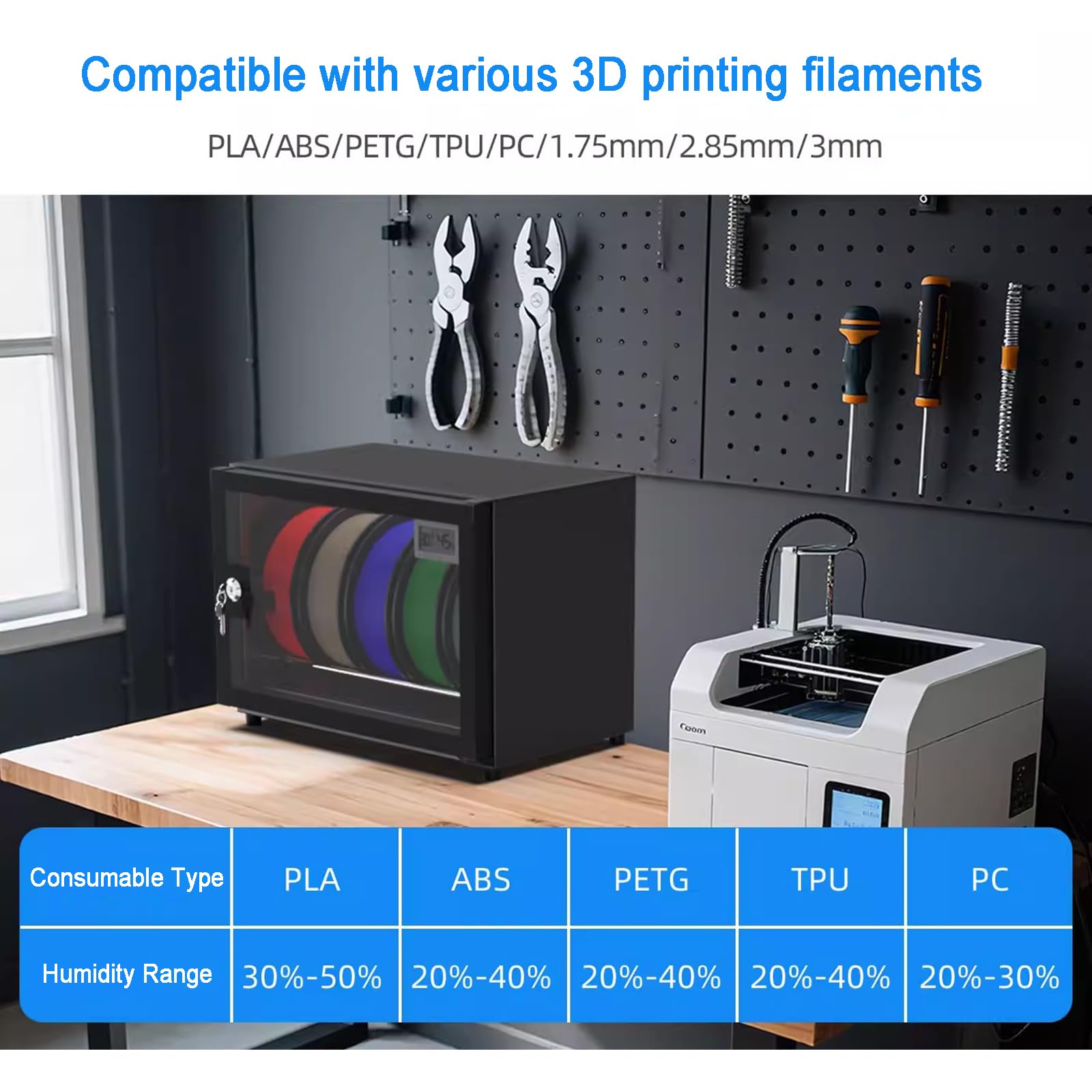 Filament-Aufbewahrungsbox Für 3D-Drucker, 25 L, Anti-Feuchtigkeits-Trockner, Luftfeuchtigkeitsbereich 28–60% RF, Fasst 5 Rollen À 1 Kg Filament, Mit Schloss, Für PLA/ABS/PETG/TPU