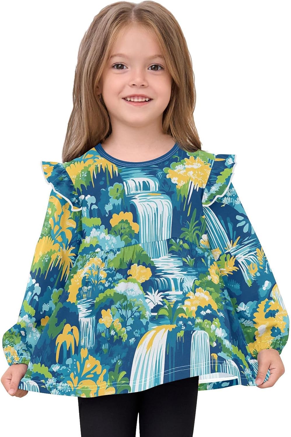 visesunny Toddler Clothes for Girls Summer Waterfall Pattern Long Sleeve Fall Shirts Cotton Top with Ruffle Collar