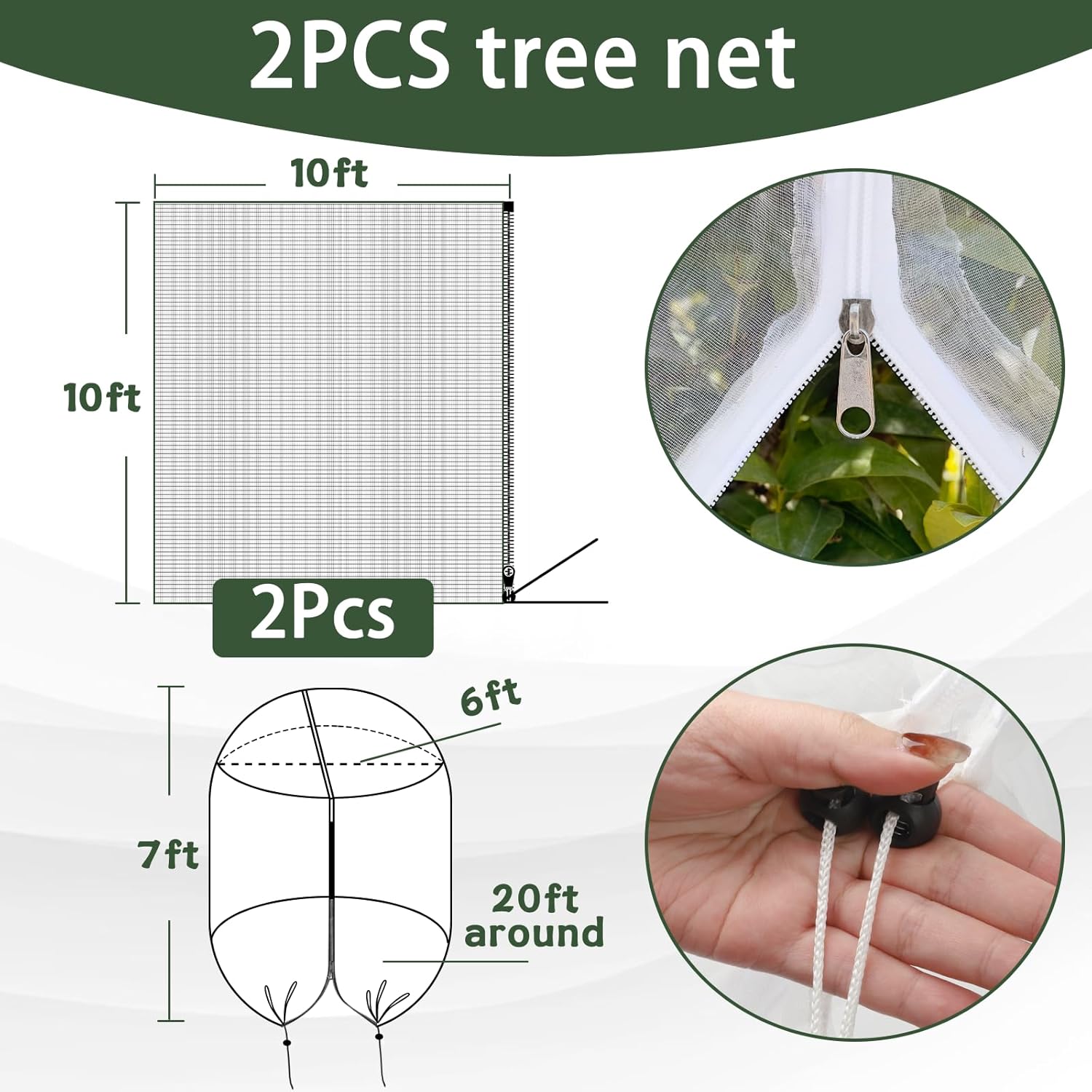 2Pack 10 x 10FT Large Fruit Tree Netting Bags with Zipper and Drawstring, Bird Netting for Blueberry Bushes and Apple Tree, Garden Netting Cover Safeguard Plant from Pest, Deer and Birds