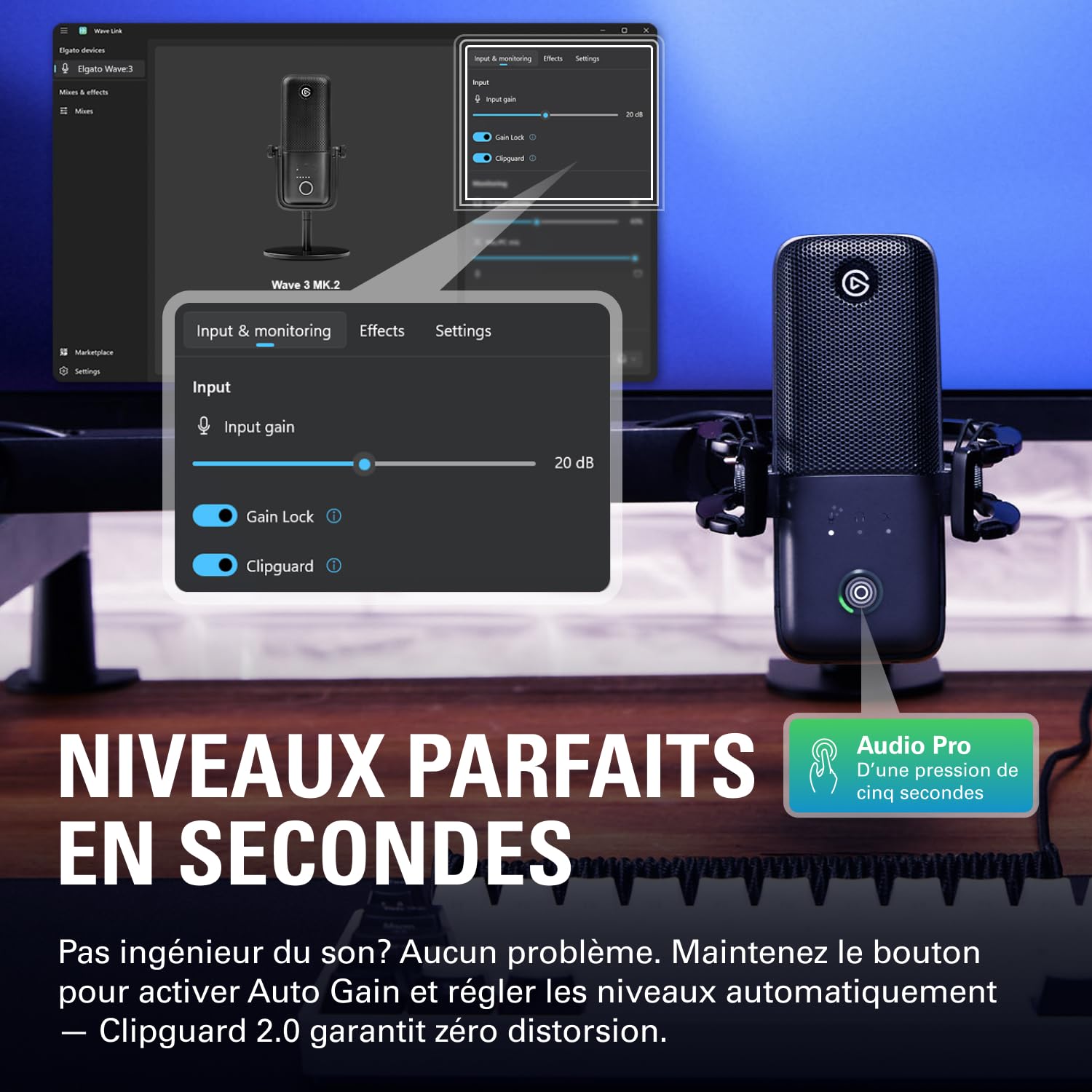 Elgato Wave:3 MK.2 – Micro à condensateur USB | Streaming et podcasting, Wave FX Processor, DSP intégré, Clipguard 2.0, inserts VST, PC/Mac