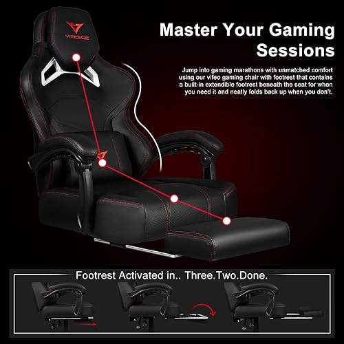 Miniatura 5 de VITESSE Silla de juegos grande y alta, capacidad de peso de 400 libras con reposapiés, silla ergonómica de videojuegos para adultos con