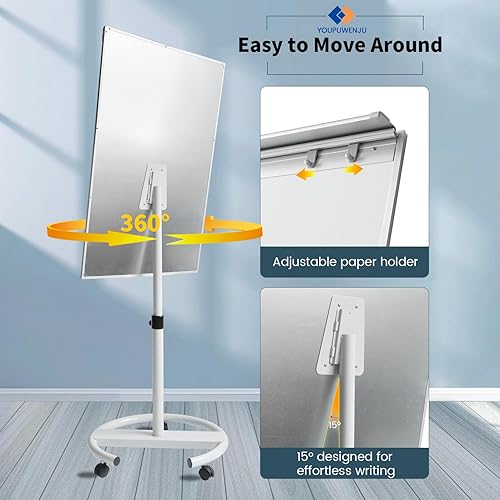 Miniatura 2 de Pizarra blanca rodante magnética de 40 x 28 pulgadas, rotafolio con 5 ruedas, altura ajustable, tablero de anuncios multiusos (blanco)