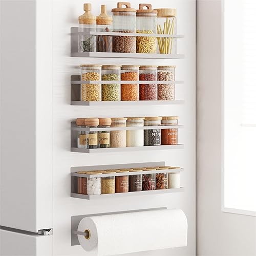 Miniatura 6 de Estante magnético para especias para nevera, estante de cocina, organizador de especias gris, paquete de 4 con soporte magnético para toallas de