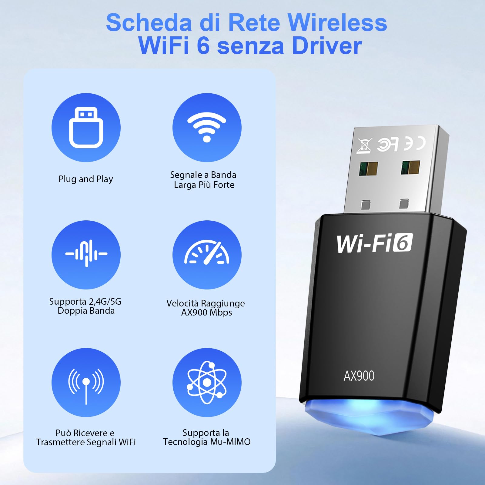 AX900 Chiavetta USB WiFi 6 Adattatore Dual Band 2.4GHz/5GHz per PC Windows 11/10/8.1/8/7