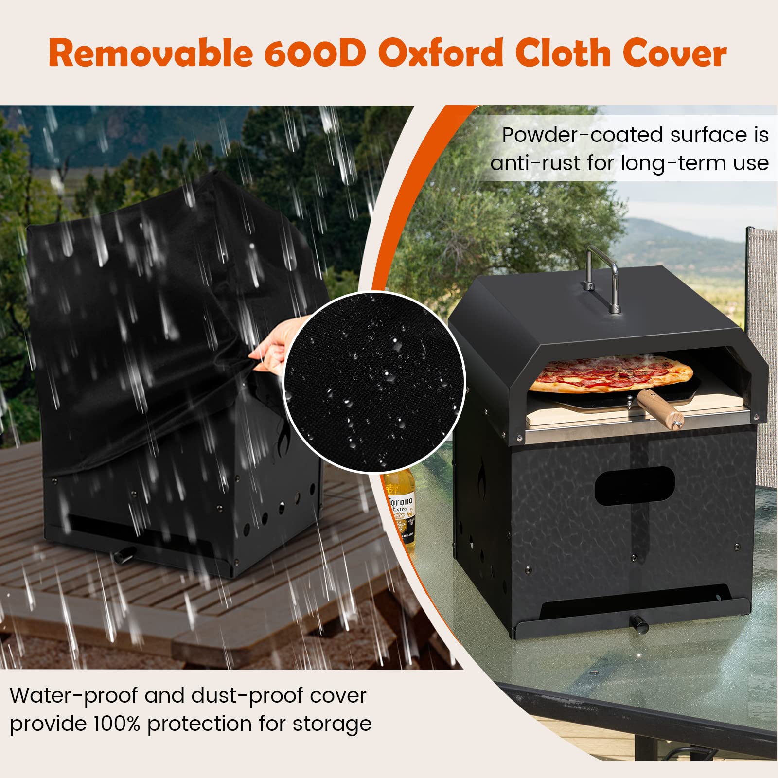 HAPPYGRILL Horno de pizza portátil 4 en 1, horno de pizza al aire libre y hoguera con piedra para pizza, pala para pizza, estante para parrilla, cubierta impermeable