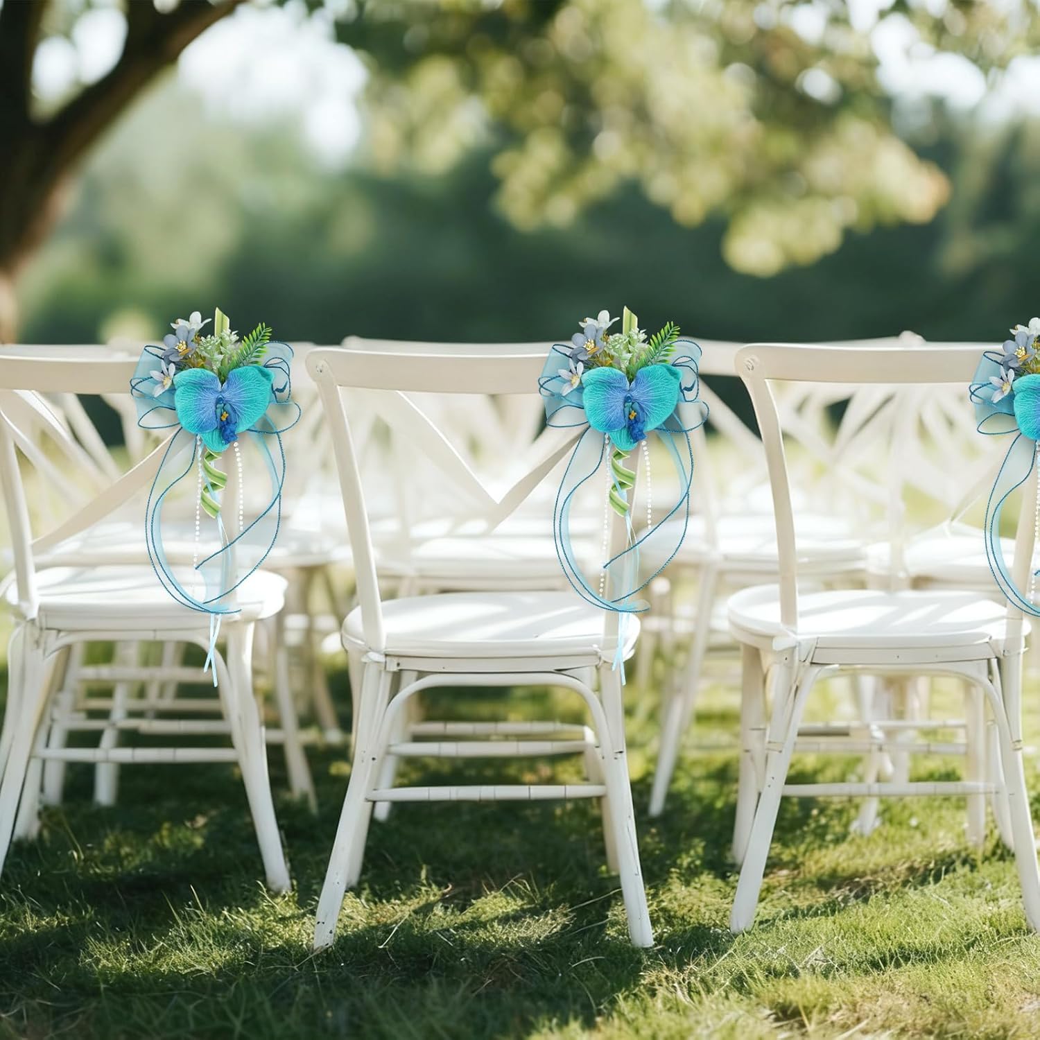 6 Pcs Wedding Aisle Decor, Artificial Blue Orchid Flowers Chair Decor Wedding Flowers Chair Back Ribbon Bow Decorations for Wedding Ceremony Party Church Event