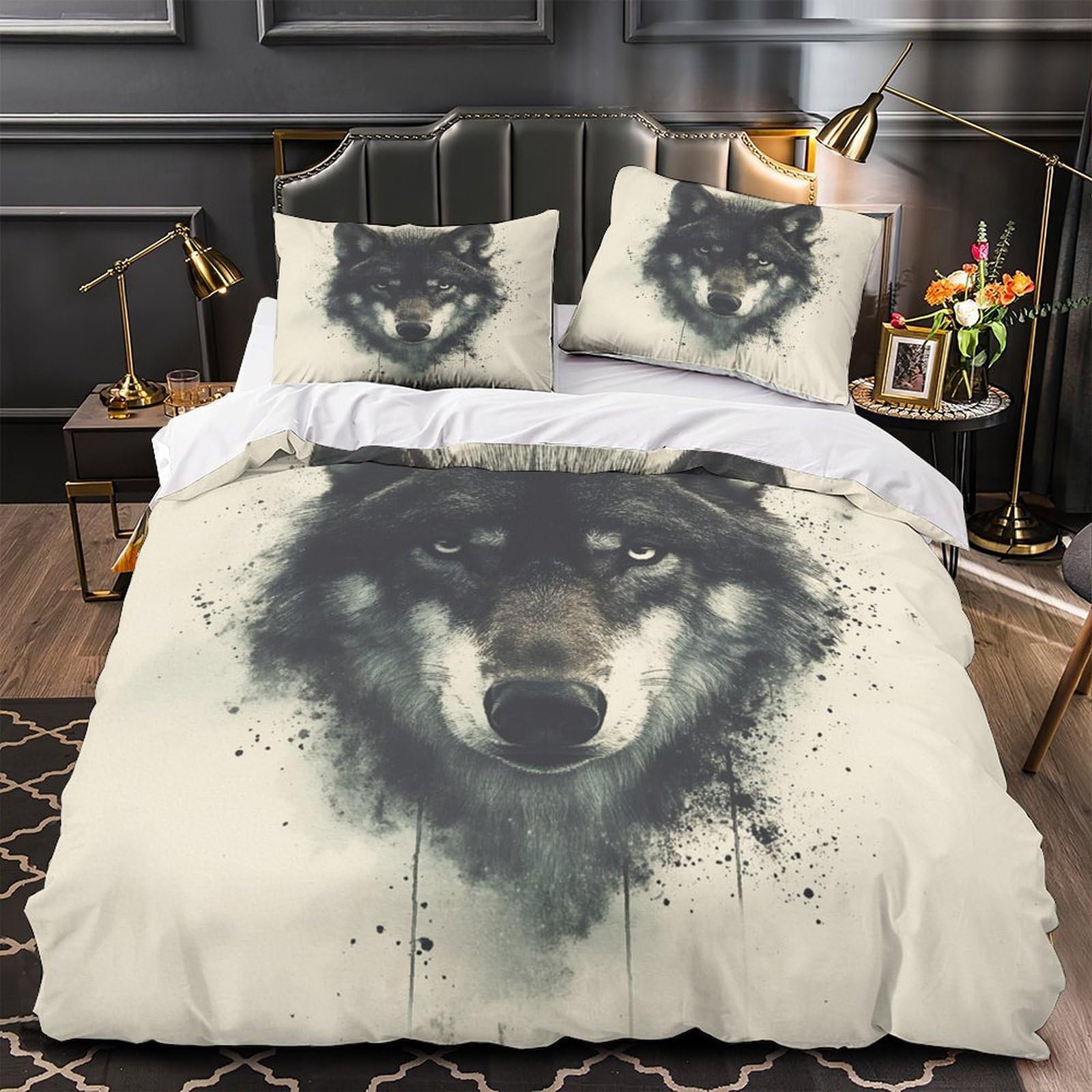 Housse de Couette Loup 3D King 220x240cm en Microfibre Parure Lit Fille