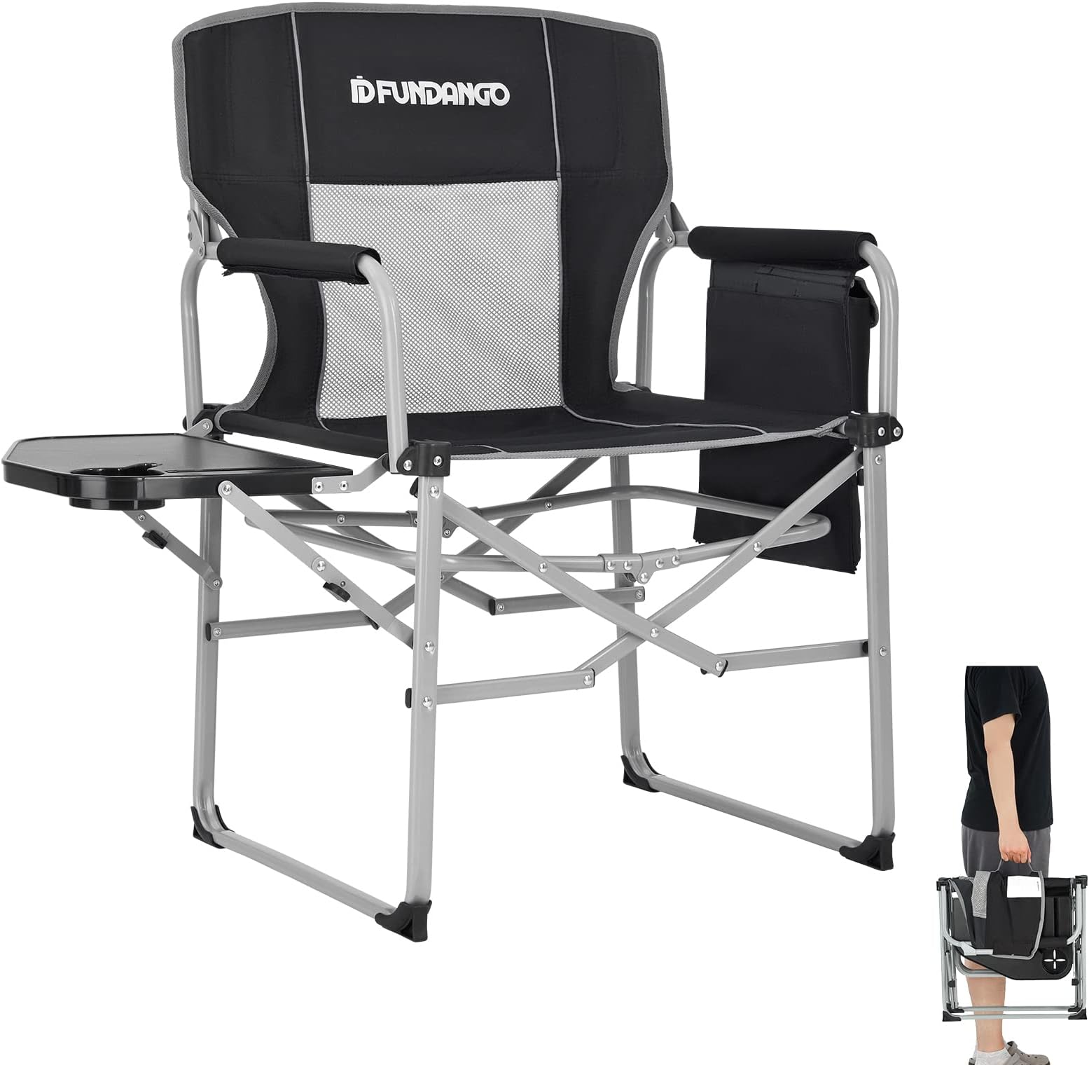 FUNDANGO Heavy Duty Outdoor Director Chairs Side Table, Tray, Foldable, Portable with Handle, Armrest, Mesh Backrest for Camp, Lawn, Picnic, Sports, RV, BBQ, Fishing, 19.7"D x 21.6"W x 17.3"H, GREY