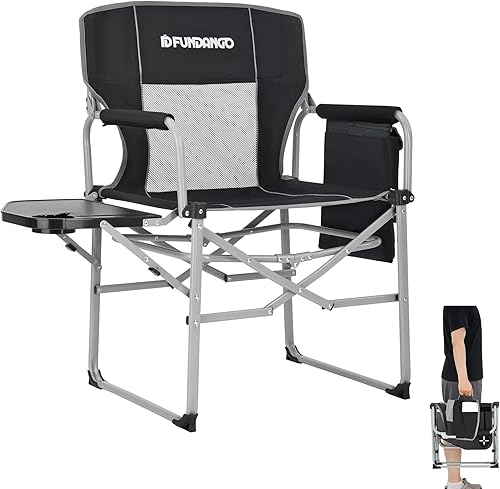 FUNDANGO Silla de director de campamento plegable portátil y ligera con mesa auxiliar, silla de campamento de gran tamaño, silla plegable de