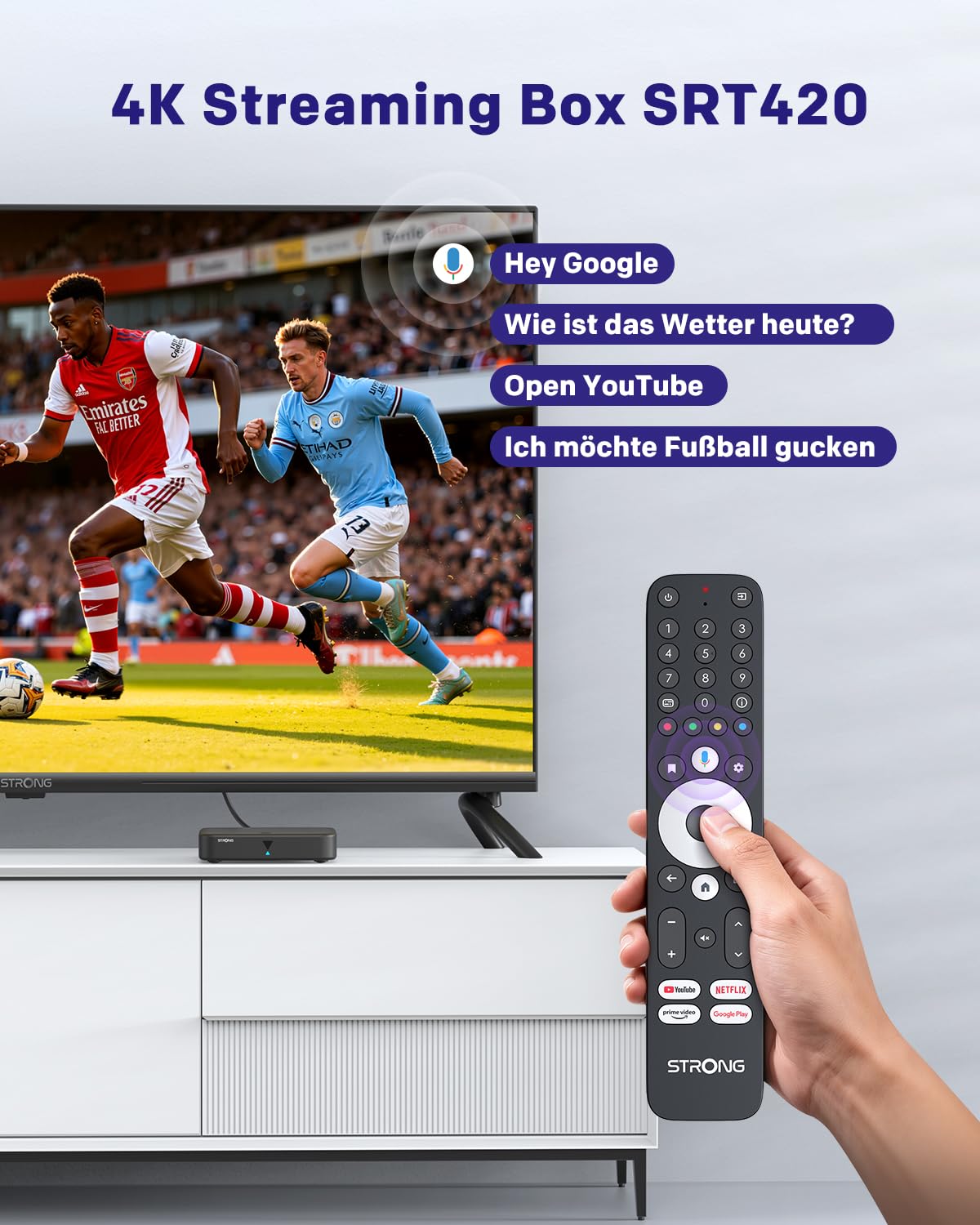 STRONG SRT420 4K Streaming Box Android TV mit Ethernet-Port, DVB-T2, 2GB RAM + 8GB Speicher, HDR10+
