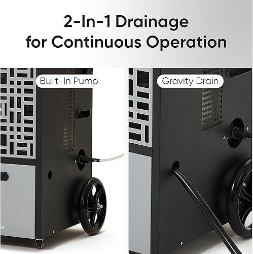 Miniatura 3 de Deshumidificador comercial de 105 pintas para sótanos y espacios industriales - Bomba integrada, manguera de drenaje, funcionamiento continuo,