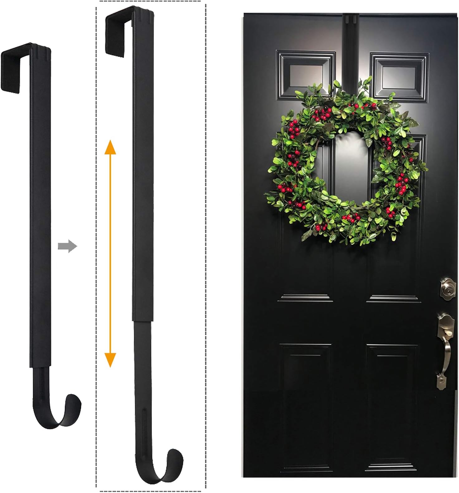 LBSUNWreath Hanger, Adjustable Over The Door Wreath Hanger from 14.9 to 25 Inches & Wreath Holder & Wreath Door Hanger for Front Door Decor 20 lbs Larger Christmas Decorations Hook (Black)