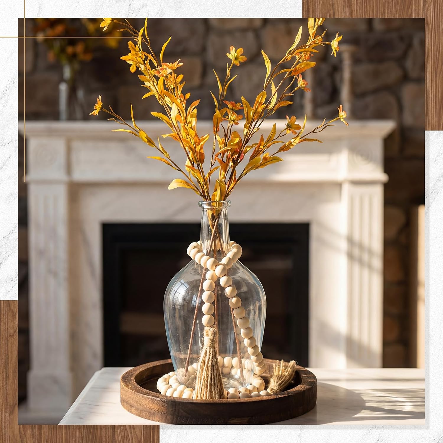 3 Pcs Rustic Country Tabletop Centerpieces, Boho Clear Tall Glass Vases Decor Wooden Serving Tray Wood Bead Garland with Tassels for Wedding Living Room Home Table Holder(Brown)