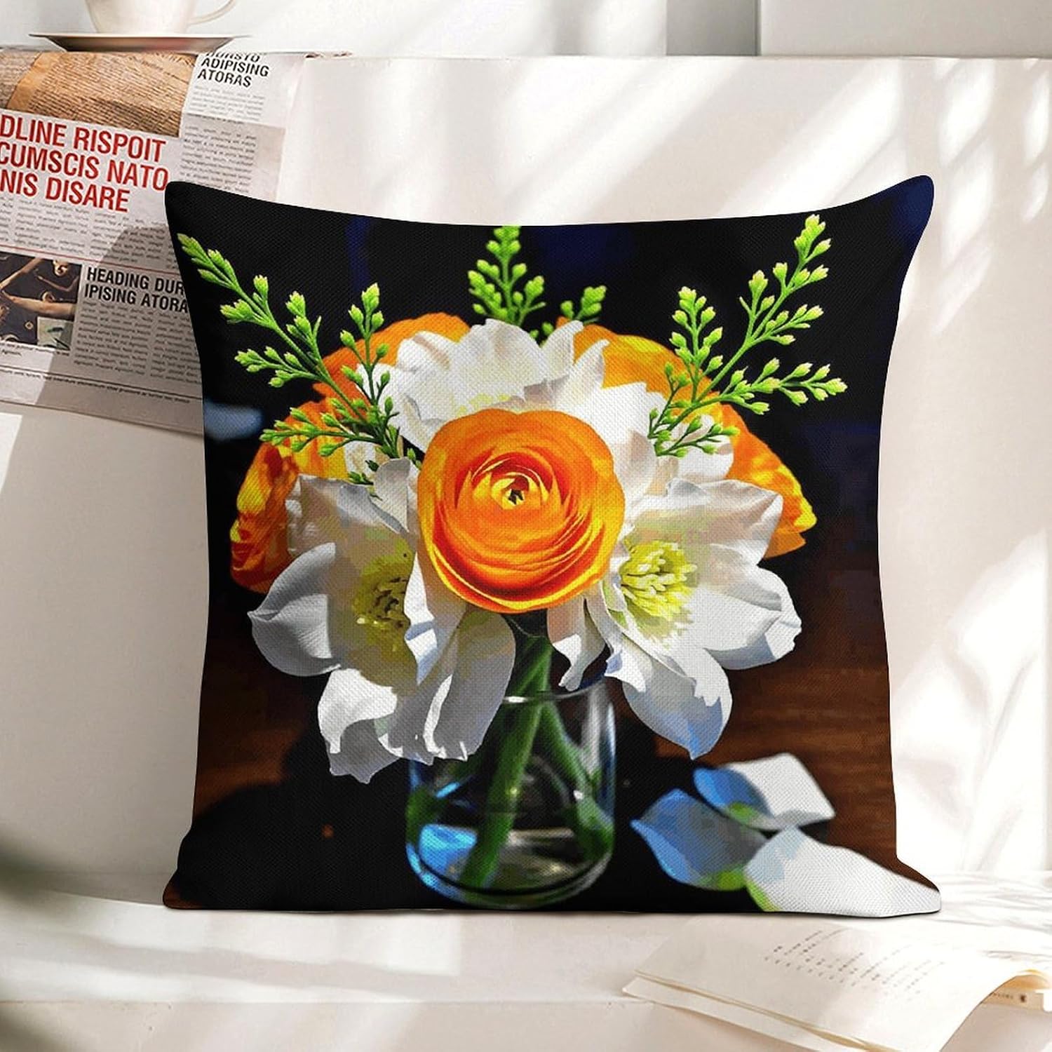Orange White Flowers Pillow Protectors Cute Waterproof Pillow Cover Soft Skin-Friendly Cushion Case Decorative Square Cushion Cover for Couch Sofa Bed Living Room Bedroom