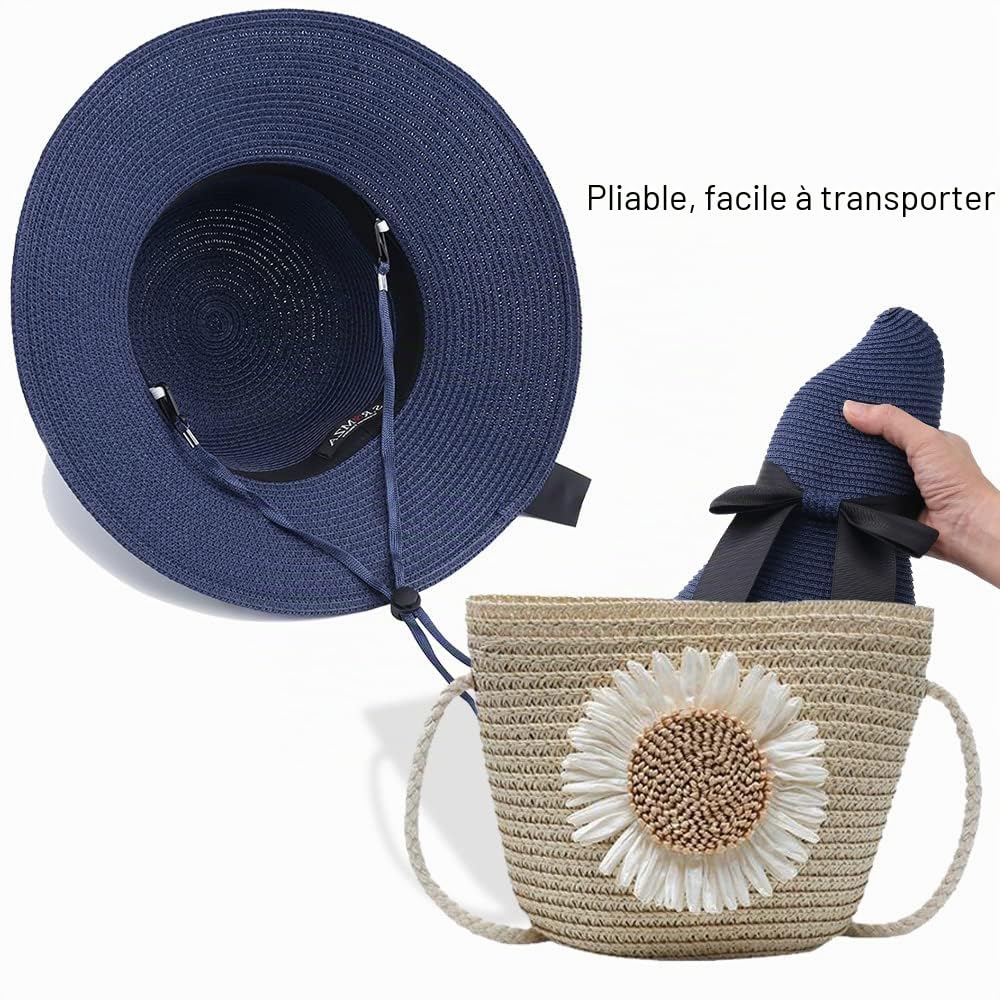 Chapeau de Paille pour Femme avec Cordon Coupe-Vent à Large Bord Pliable pour la Plage, l'été, Protection UV 50+