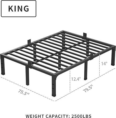 Miniatura 3 de MAF Marco de cama King con plataforma de metal de 14 pulgadas, marco de cama negro resistente con soporte de listones de acero, no necesita somier,