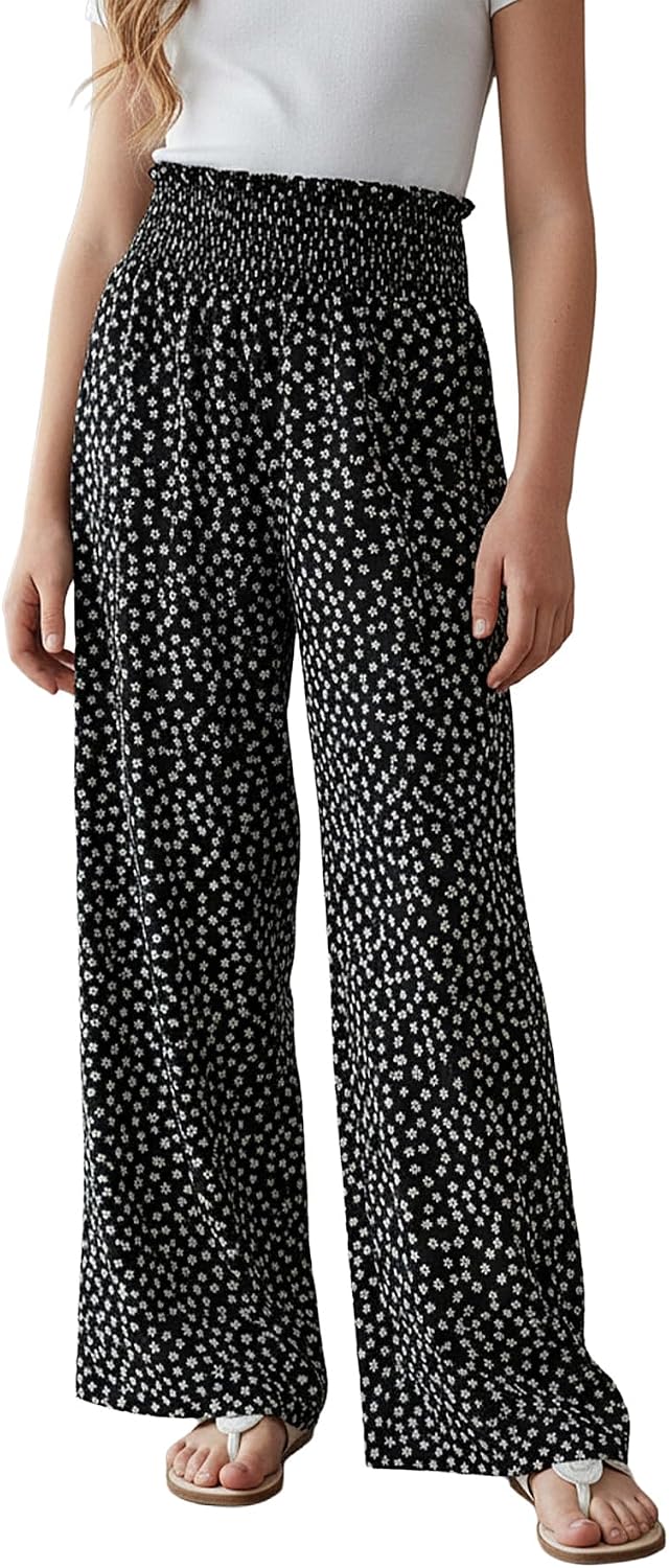 OYOANGLE Girl's Floral Print Smocked High Waisted Pants Lightweight Flowy Palazzo Trousers