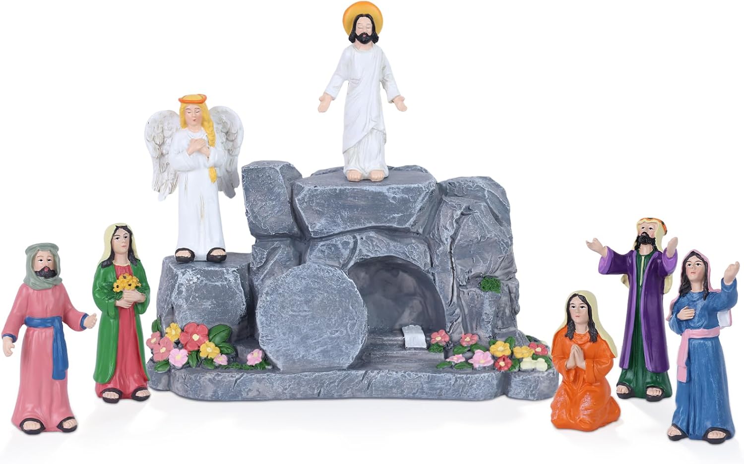 MEETYAMOR Religious Easter Decorations for Home, 8 PCS Resin Jesus Resurrection Scene Set with Empty Tomb for Christian Easter Decor, He is Risen Nativity Scene for Tabletop Mantel Tray Shelf Church