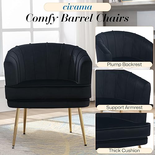 Miniatura 4 de civama Juego de 2 sillas de barril decorativas de terciopelo, sillón lateral tapizado de diseño moderno, cómodo sofá individual con patas de metal