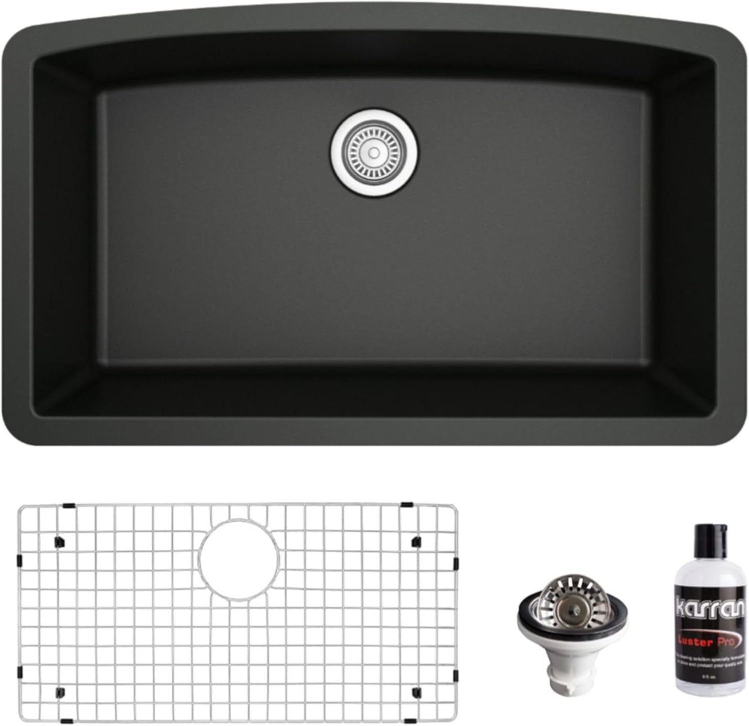Karran 32 Inch Undermount Quartz Composite Kitchen Sink Single Bowl, Deep Basin, Scratch & Heat Resistant, Nonporous Matte Finish, Includes Grid Strainer and Cleaning Kit QU-712 (Black)