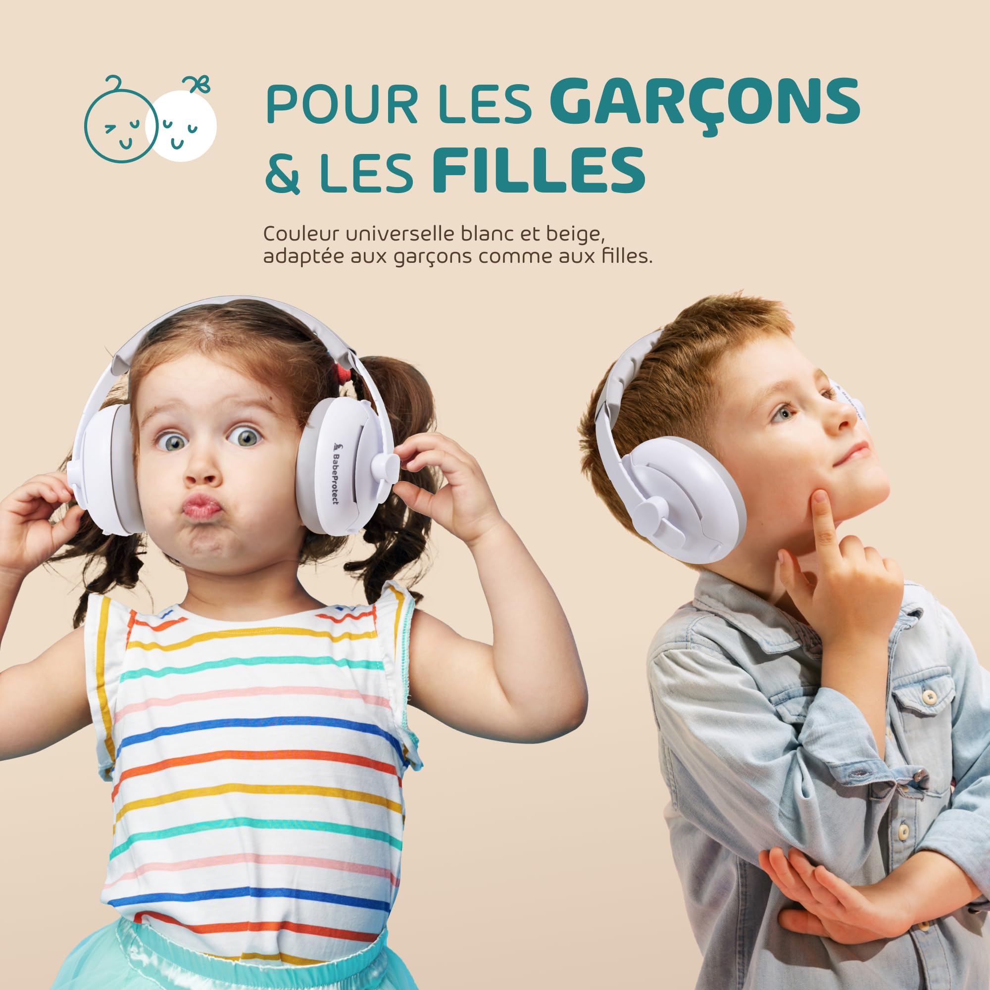 Babeprotect - Casque Anti Bruit Bébé Beige 2 en 1 - Protection Auditive Certifiée CE 25 dB - Réglable et Confortable - Sommeil Amélioré - Idéal Avion, Fêtes, Déplacements - 0 à 48 Mois -