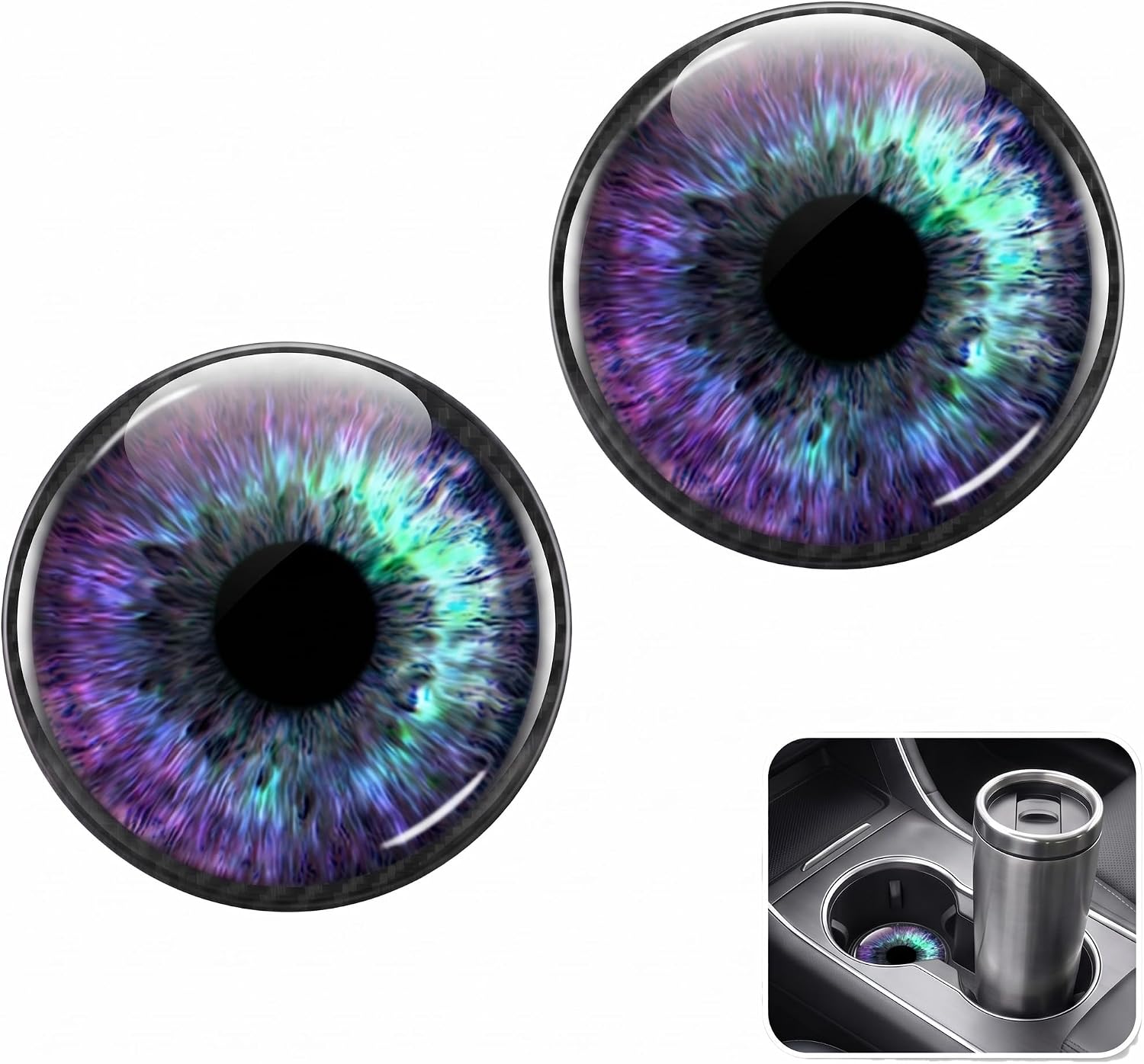 2PCS Evil Eyes Car Cup Holder Coasters, 2.83" Anti-Slip Rubber Car Drink Mat, Waterproof Shockproof Cool Horror Eye Auto Cup Insert Pad for Men Women Sedan SUV Truck (Purple)