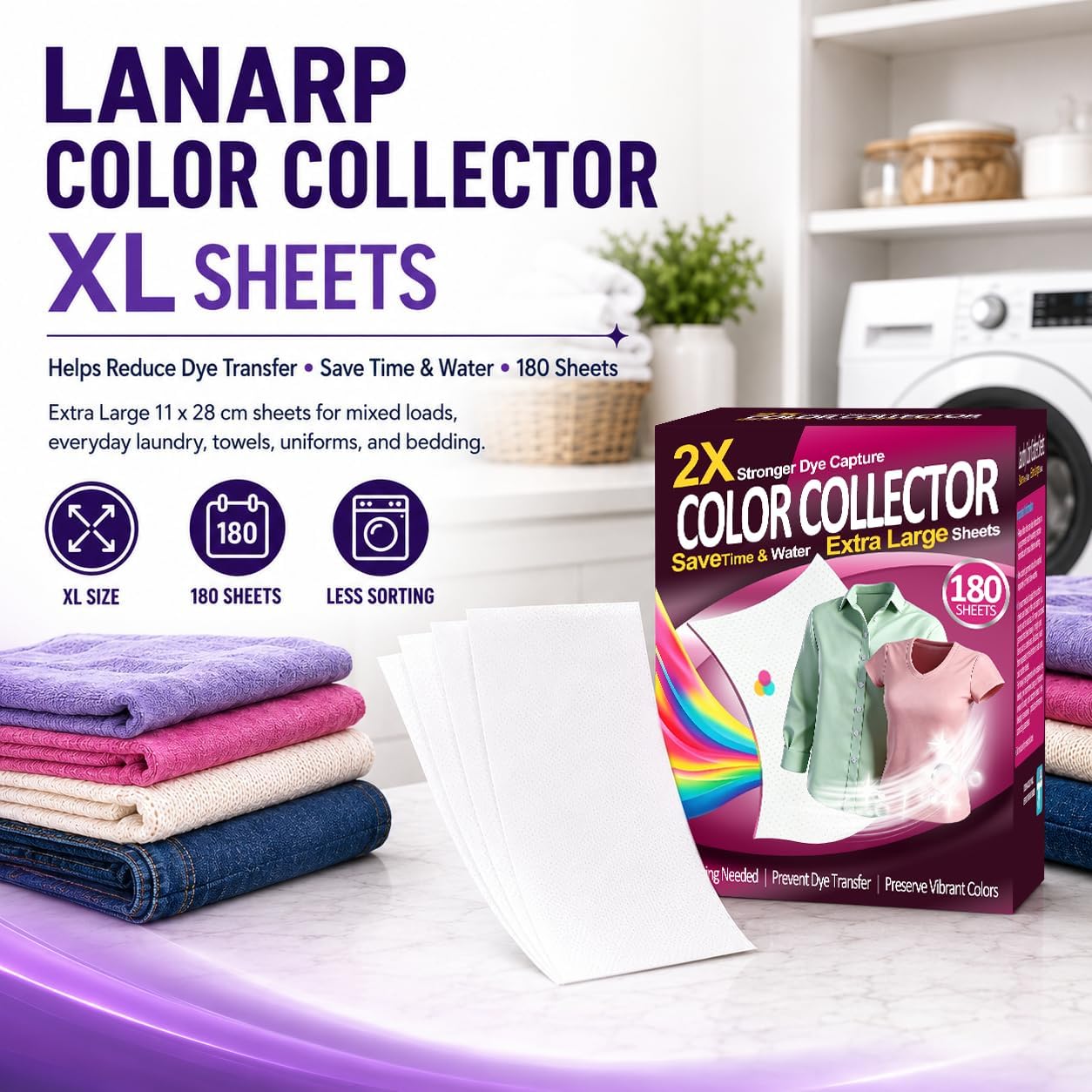 180 Count color catchers for laundry, Dye Catcher to Prevent Clothes from Smearing, Fragrance Free Color Trapping Sheets