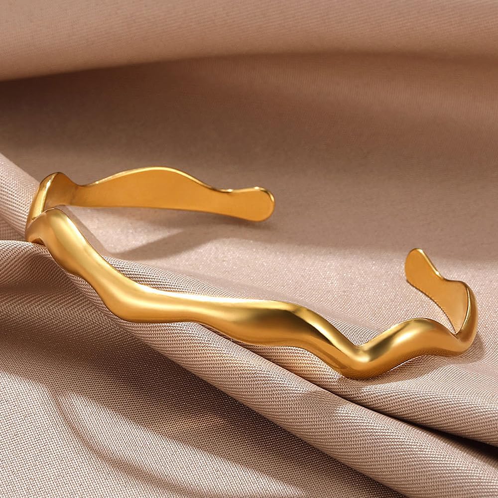 Rrdaily Irregular Gold Plated Open Cuff Bracelets for Women Adjustable Silver Chunky Metal Wave Bangle Minimalist Wrist Accessories Jewelry Gifts - Image 4
