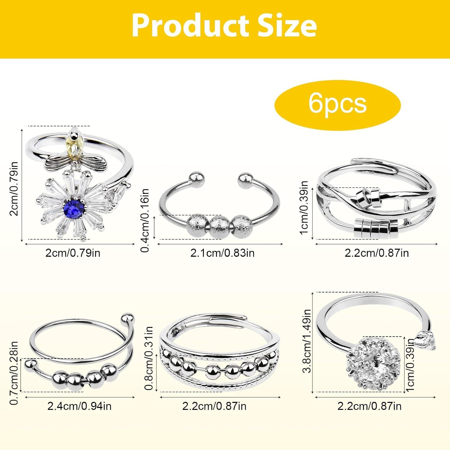 6 Pcs Adjustable Fidget Anxiety Rings for Women Spinner Bead image 2