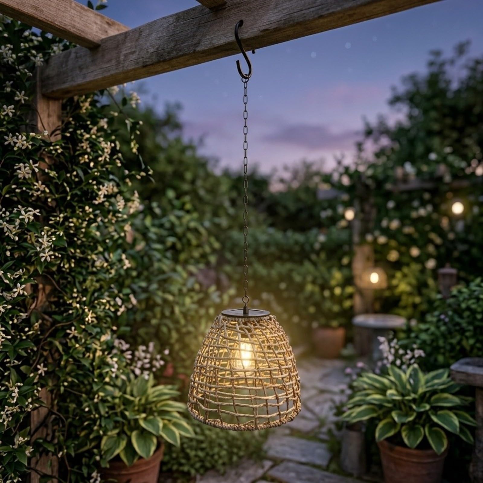 Farol colgante solar de mimbre con LED, lámpara decorativa para exteriores