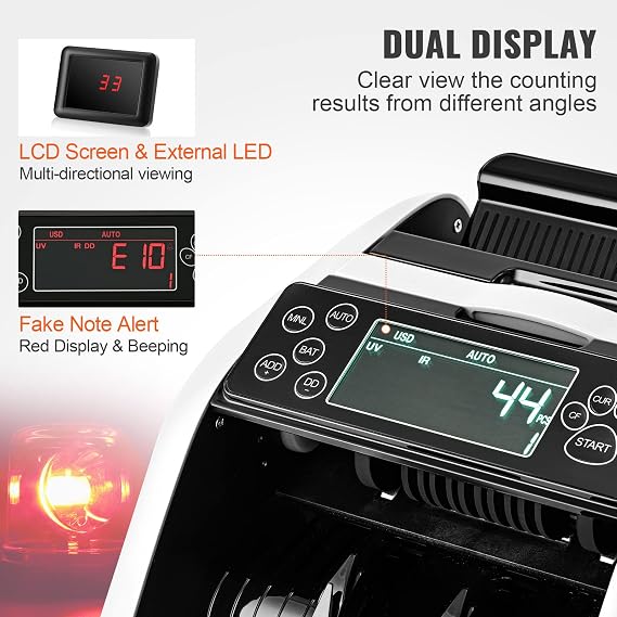 VEVOR Money Counter Machine, Bill Counter with UV/MG/IR/DD/DBL/HLF/CHN Counterfeit Detection, Counting/Value Count/Add/Batch Modes, USD/EUR Money Counting Machine with LCD Display for Small Business