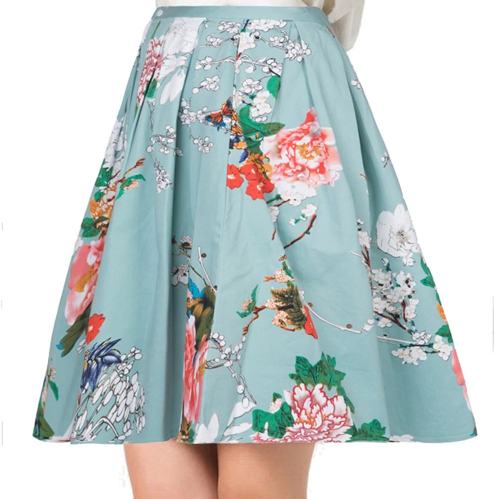 Women Pleated Vintage Skirts Floral Print with Pockets (x-Large, Green)
