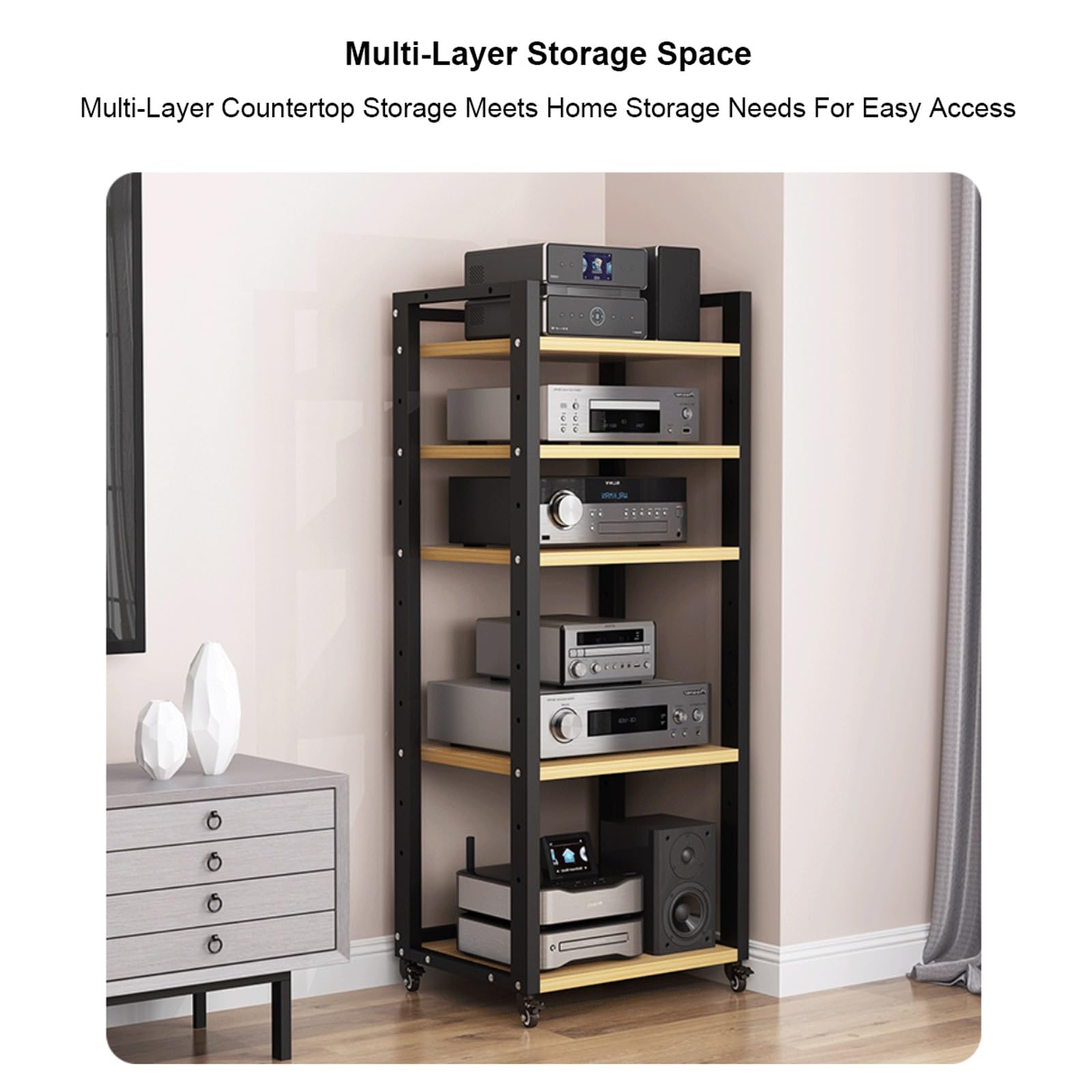 Supporto multimediale regolabile con ruote per giradischi mobili, per DVD, CD, audio, console per videogiochi, per casa, ufficio, soggiorno, naturale, 7 ripiani