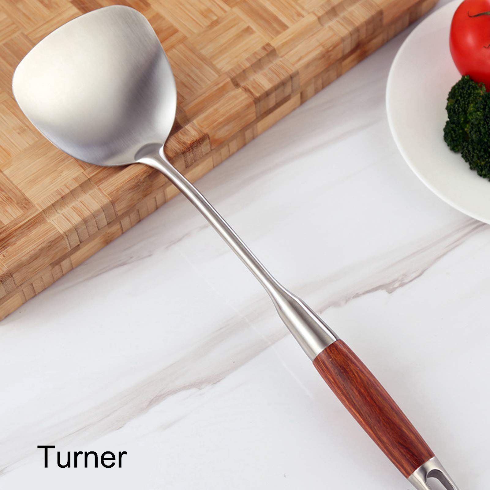 Juego de Espátula de Cocina de Acero Inoxidable 304 con de Madera para Utensilios para Cocinar y Freír, 7 Piezas