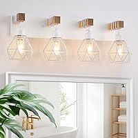 Vista 9 de Lámparas blancas para tocador de baño, luminarias de baño de madera de 2 luces sobre el espejo, apliques rústicos de pared con elegante pantalla