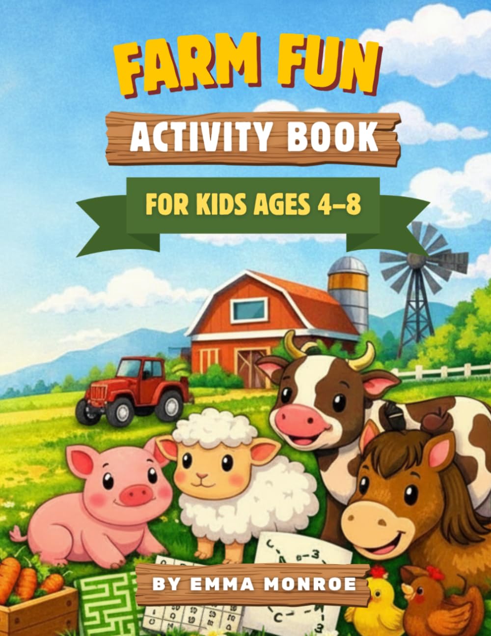 Farm Fun Activity Book for Kids Ages 4–8: 64 Pages of Mazes, Dot‑to‑Dots, Counting, Word Searches & More