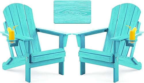 Silla Adirondack plegable con textura de madera, sillas de patio resistente a la intemperie, silla de exterior, silla de césped con soporte para