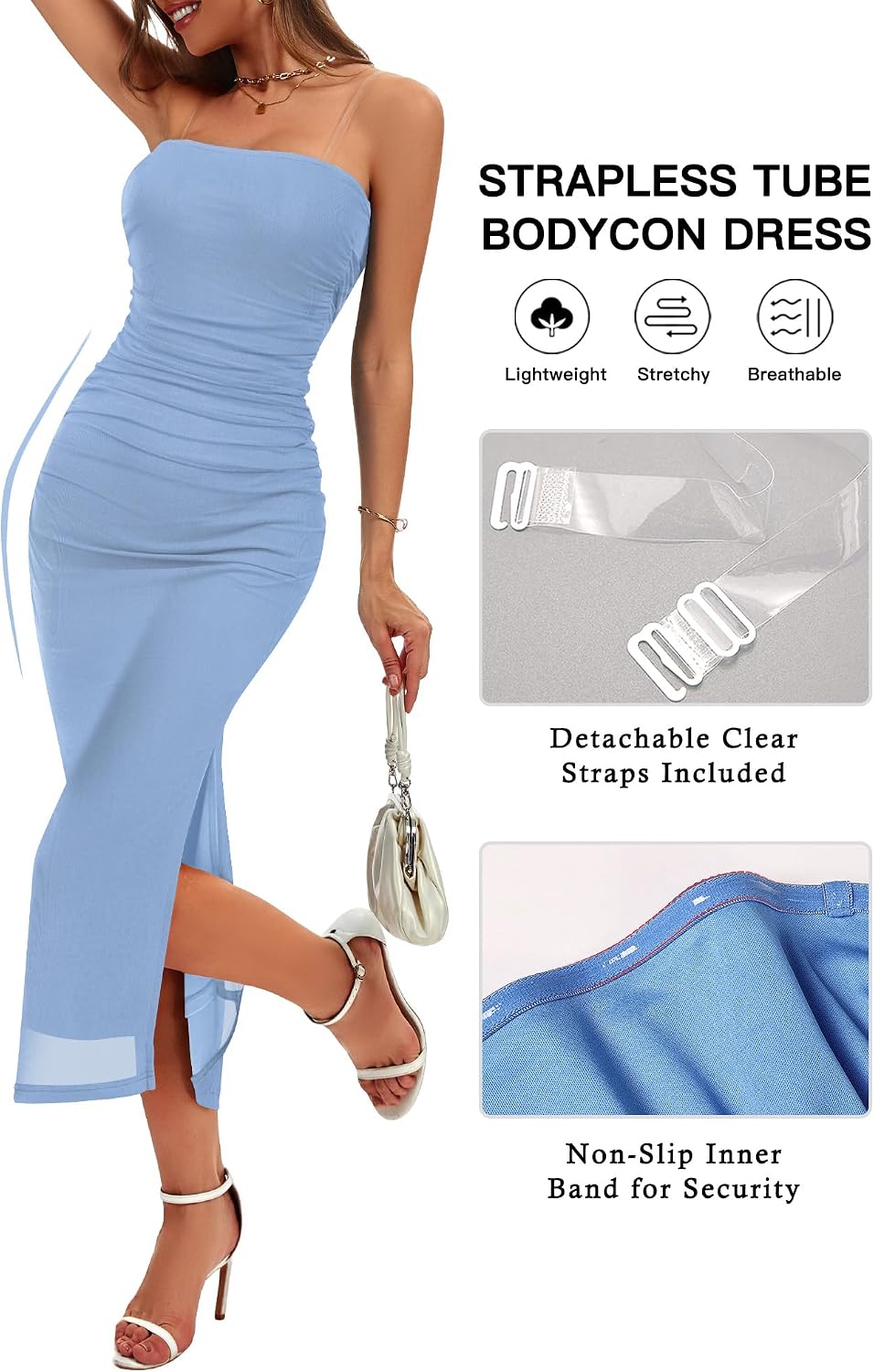 Womens Summer Bodycon Maxi Dresses 2026 Floral Strapless Tube Slit Ruched Mesh Cocktail Party Long Dress