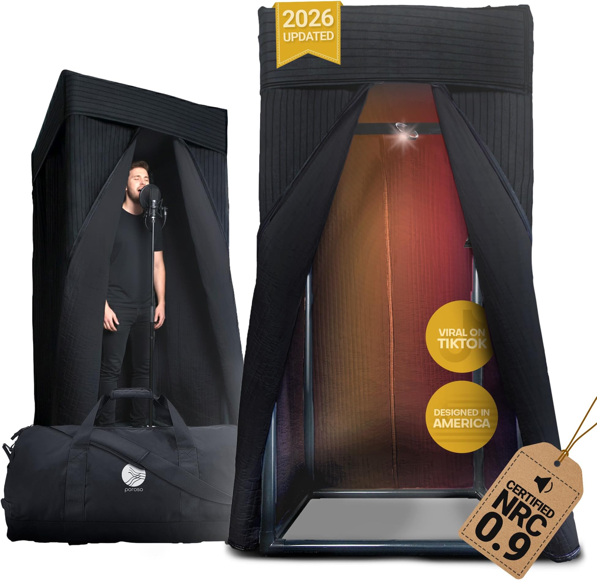 Portable Vocal Booth for Recording, Portable Recording Booth for Home Studio, Acoustic Treatment to Reduce Echo, Sound Isolation Booth, 5-Min Assembly w/Travel Bag, Lights, Phone Holder (2026 Update)