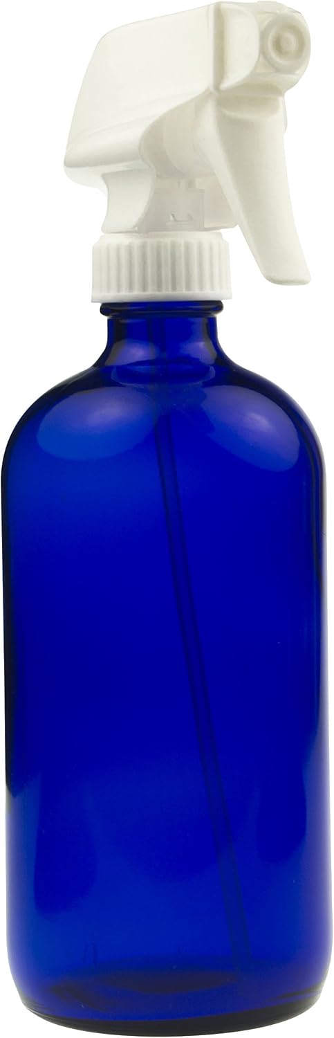 Empty Blue Glass Spray Bottle - 16 oz Refillable Container for Essential Oils, Cleaning Products, Homemade Cleaners, Aromatherapy - White Sprayer w/Mist and Stream