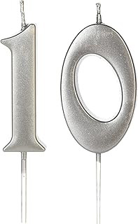 Silver 10th Birthday Candles for Cake, Number 10 1 Glitter Candle Party Anniversary Cakes Decoration for Kids Women or Men