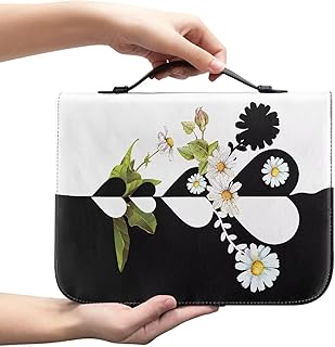 Garronmavis Funda para libro de la Biblia con diseño de margaritas, color negro y blanco, de piel sintética, funda de transporte para libros de estudio de iglesia con bolsillo con cremallera, M