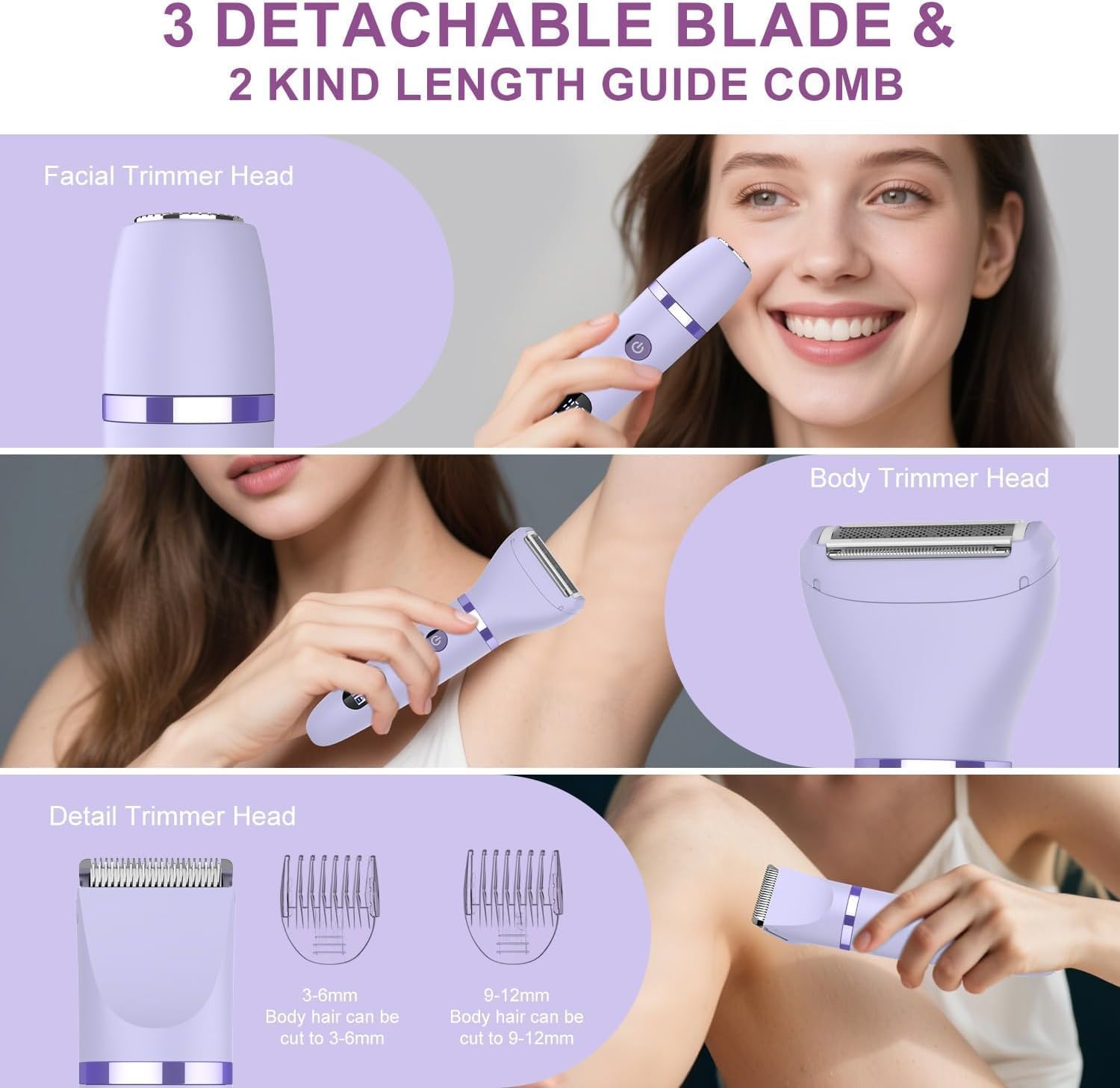 Damenrasierer für Gesicht, Achseln, Beine, Arme & Bikinizone Rasierer Elektrorasierer für Frauen Körpertrimmer Intimrasierer Bikini-Trimmer für Frauen IPX7 Wasserdicht Nass/Trocken LCD-Display Lila