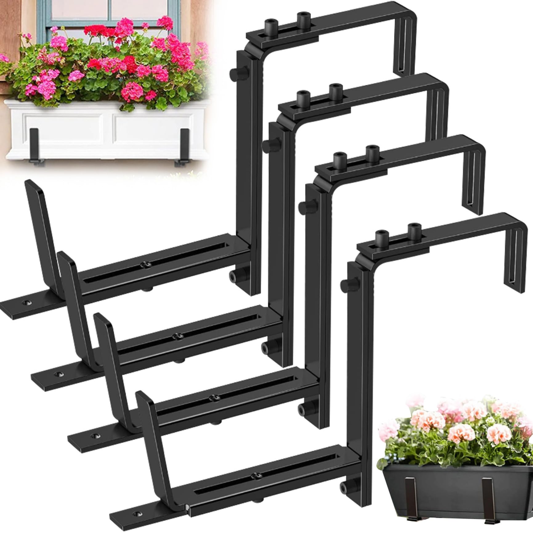 Blumenkasten-Halterungen, Pflanzkasten-Halterungen, 4 Stück, robuste, verstellbare Halterung, massives Metallfenster für Geländer, Wand, Balkon, Garten, für Zuhause