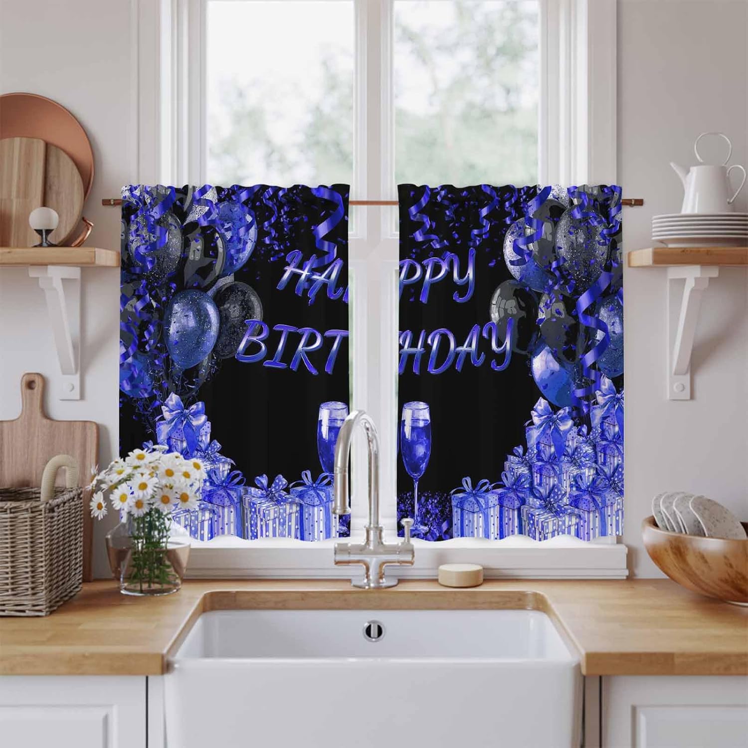 Happy Birthday Blue Kitchen Curtains, Gifts Balloons Goblet Glitter Ribbons Black Light Filtering Window Curtain, 2Pcs Rod Pocket Window Treatments Set for RV Dining Room Study Room 42x54 Inches