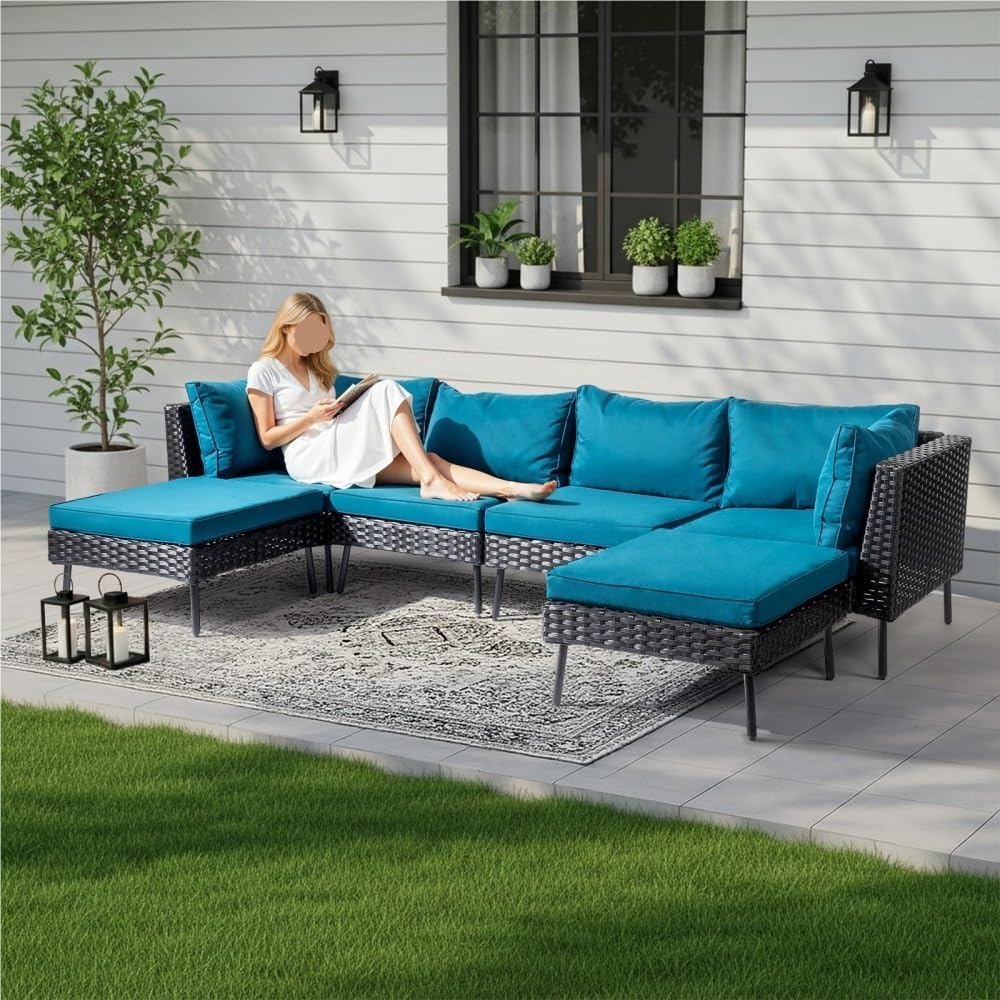 6 Pieces Wicker Patio Furniture Set Outdoor Sectional Sofa Sets Rattan Modular Patio Conversation with Cushions Ottomans for Backyard Porch Balcony Garden(Black)