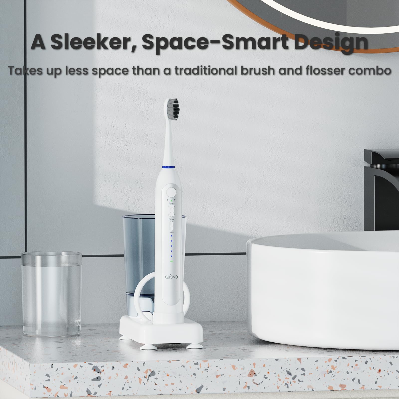 Cepillo de dientes eléctrico con hilo dental de agua, cepillo de dientes eléctrico 3 en 1 para viajes y hogar, taza fácil de limpiar, 5 velocidades y 3 modos para aparatos ortopédicos, IPX7