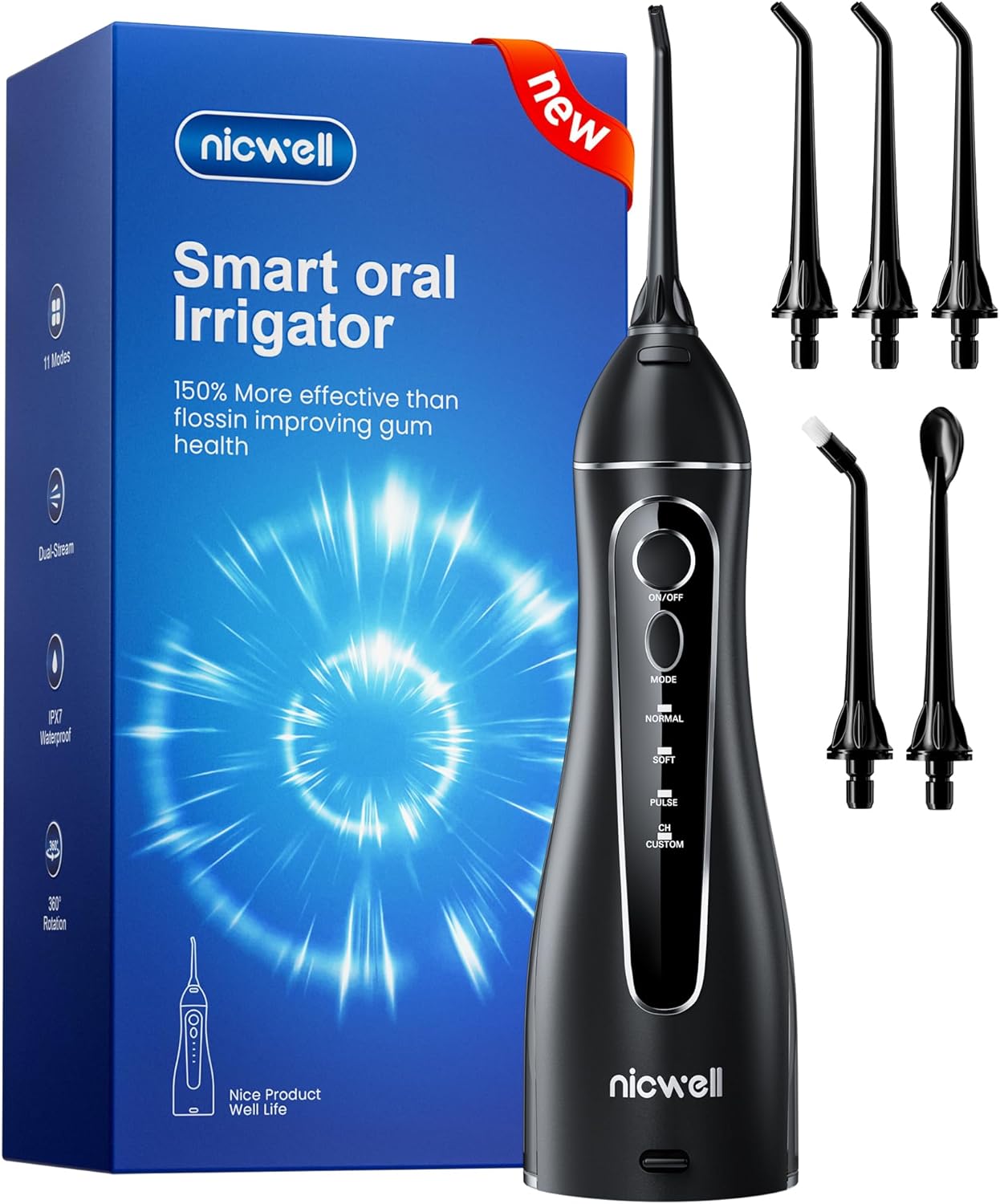 Nicwell Water Dental Flosser Teeth Pick - Cordless Portable 4 Modes Rechargeable Flossers Oral Irrigator IPX7 Waterproof Travel Gum Floss Cleaner Deep Cleaning Flossing Picks for Home Daily Shower